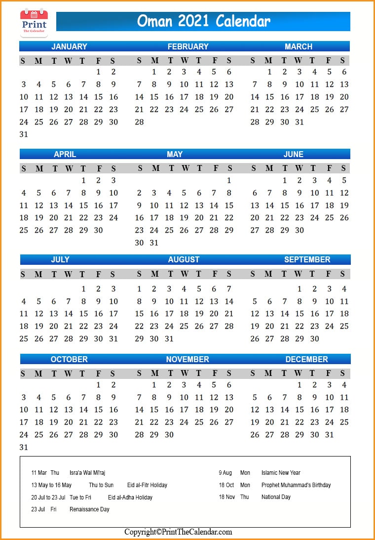 Oman Calendar 2021